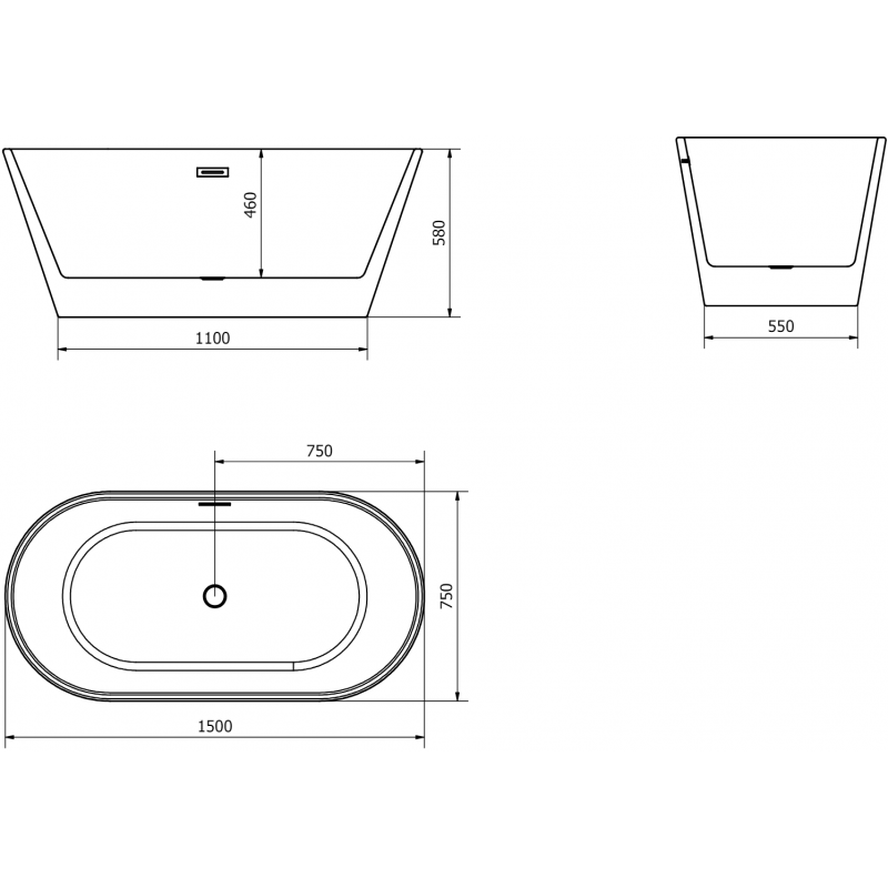 Mexen Flavia wanna wolnostojąca 150 x 75 cm, biała/czarna, przelew gun gray szczotkowany - 54031507575-66