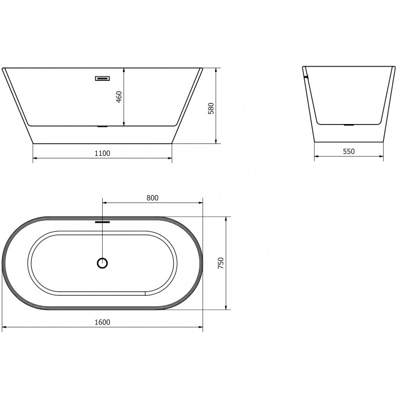 Mexen Flavia wanna wolnostojąca 160 x 75 cm, biała, przelew gun metal - 54031608000-95