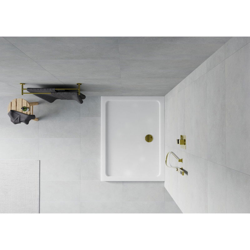 Mexen Flat brodzik prostokątny slim 130 x 80 cm, biały, syfon złoty - 40108013G