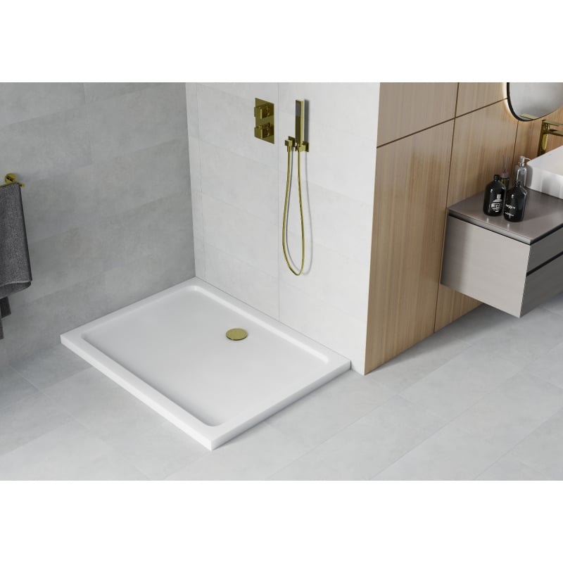 Mexen Flat brodzik prostokątny slim 90 x 80 cm, biały, syfon złoty - 40108090G
