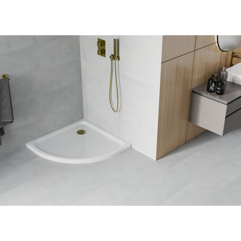 Mexen Flat brodzik półokrągły slim 90 x 90 cm, biały, syfon złoty - 41109090G