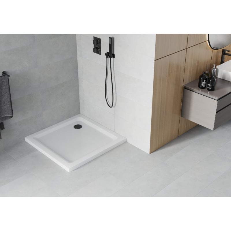 Mexen Flat brodzik kwadratowy slim 90 x 90 cm, biały, syfon czarny - 40109090B