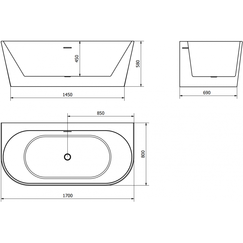 Mexen Oval+ wanna wolnostojąca przyścienna 170 x 80 cm, biała, przelew gun gray szczotkowany - 52681708000-66
