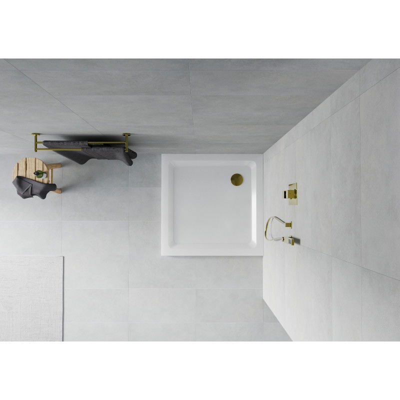 Mexen Flat brodzik kwadratowy slim 100 x 100 cm, biały, syfon złoty - 40101010G