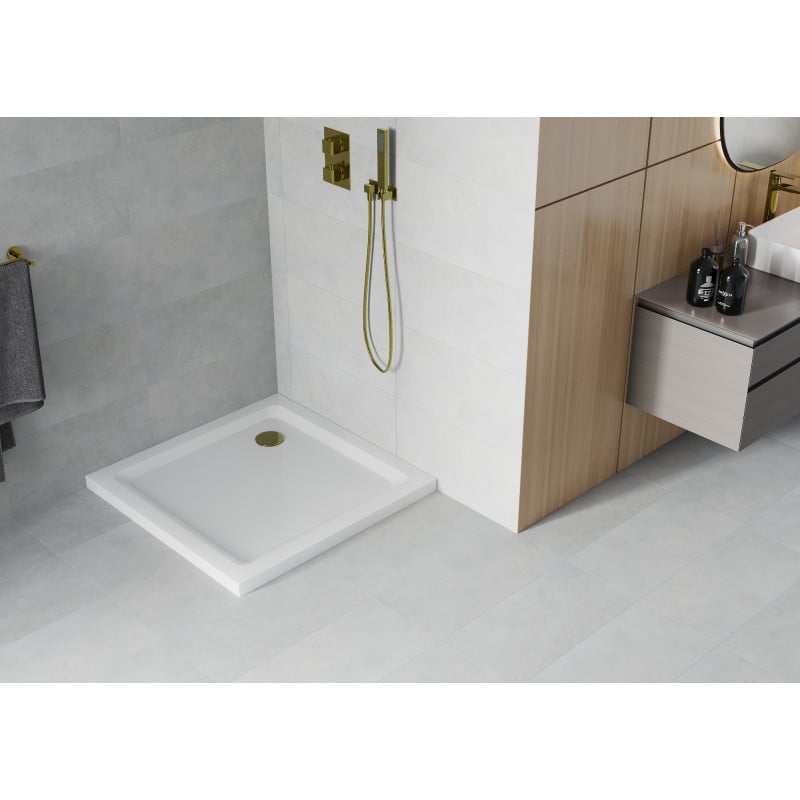 Mexen Flat brodzik kwadratowy slim 70 x 70 cm, biały, syfon złoty - 40107070G