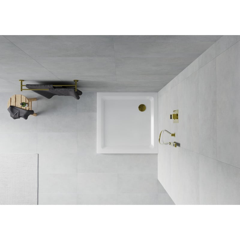 Mexen Flat brodzik kwadratowy slim 70 x 70 cm, biały, syfon złoty - 40107070G