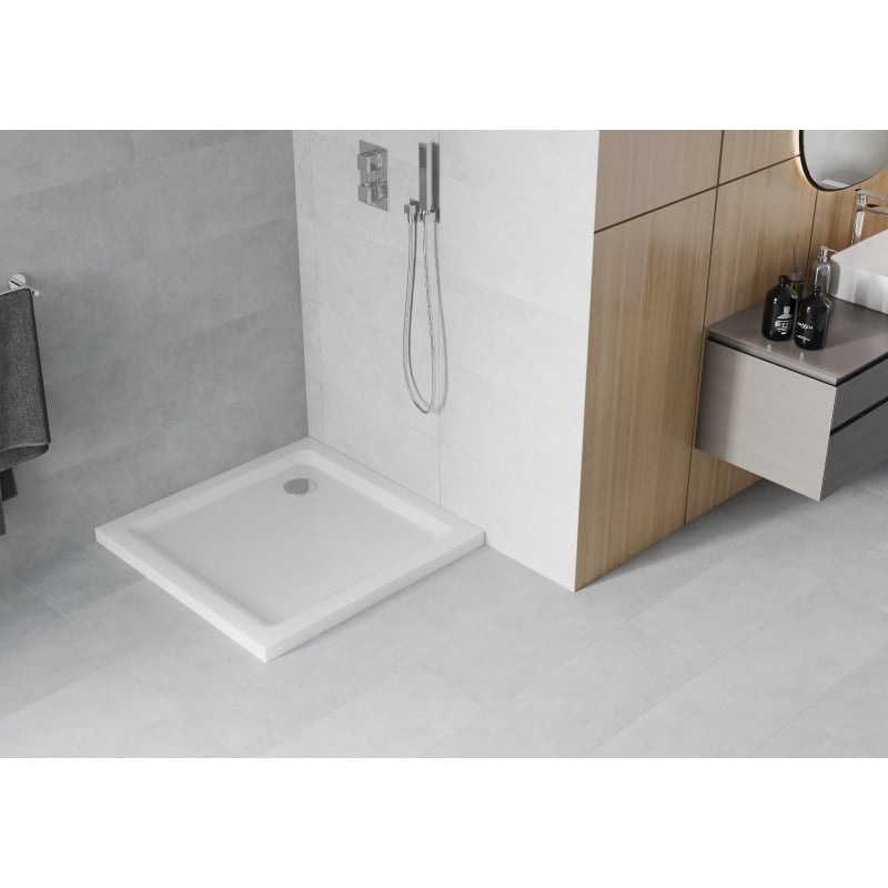 Mexen Flat brodzik kwadratowy slim 90 x 90 cm, biały, syfon chrom - 40109090