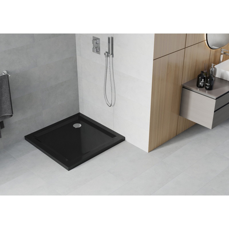 Mexen Flat brodzik kwadratowy slim 80 x 80 cm, czarny, syfon chrom - 40708080