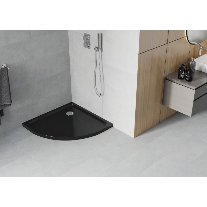 Mexen Flat brodzik półokrągły slim 80 x 80 cm, czarny, syfon chrom - 41708080