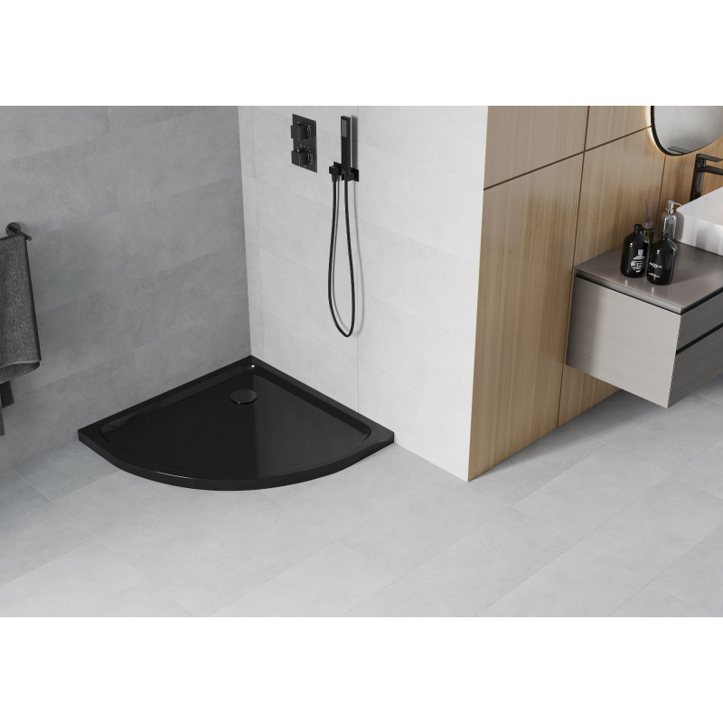 Mexen Flat brodzik półokrągły slim 80 x 80 cm, czarny, syfon czarny - 41708080B