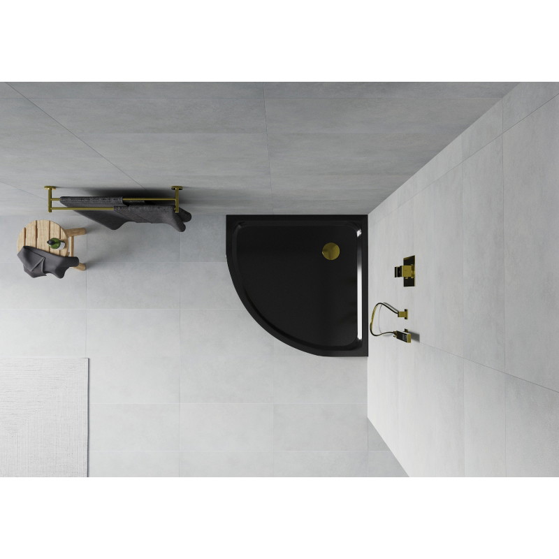 Mexen Flat brodzik półokrągły slim 90 x 90 cm, czarny, syfon złoty - 41709090G