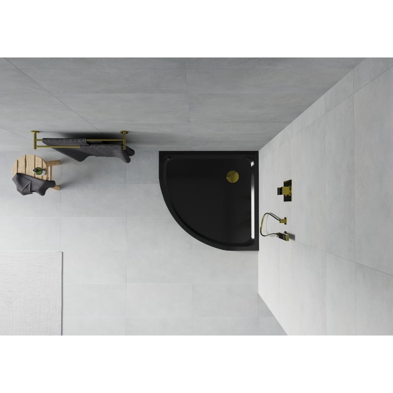 Mexen Flat brodzik półokrągły slim 80 x 80 cm, czarny, syfon złoty - 41708080G
