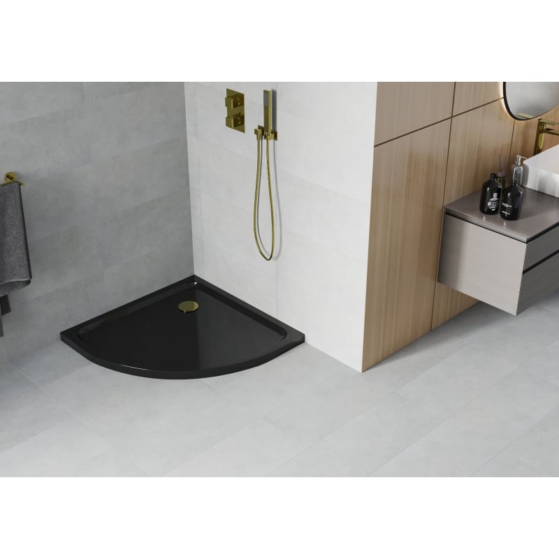 Mexen Flat brodzik półokrągły slim 80 x 80 cm, czarny, syfon złoty - 41708080G