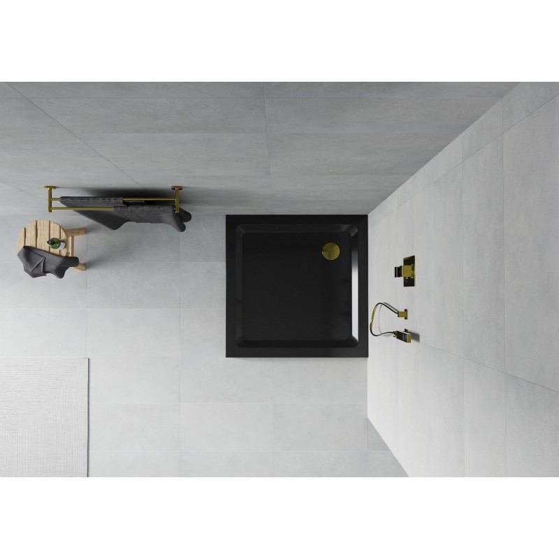Mexen Flat brodzik kwadratowy slim 80 x 80 cm, czarny, syfon złoty - 40708080G
