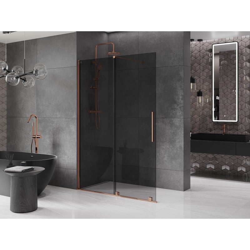 Mexen Velar ścianka prysznicowa rozsuwana Walk-in 140 x 200 cm, grafit 8 mm, różowe złoto - 871-140-000-43-60