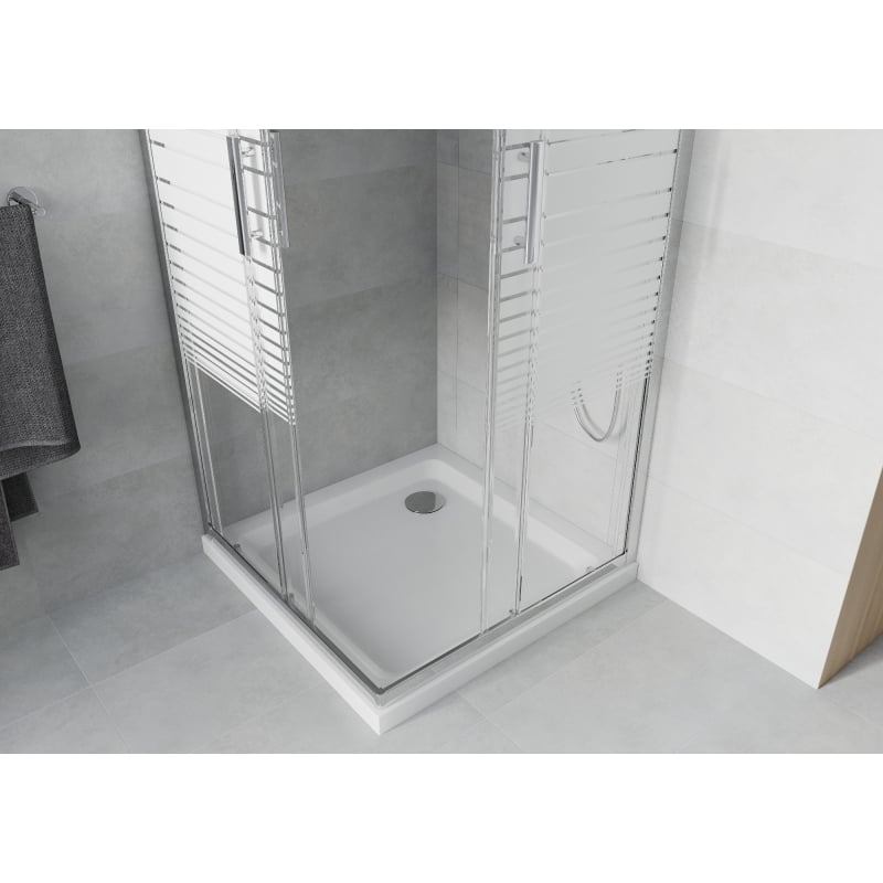 Mexen Rio kabina prysznicowa kwadratowa 90 x 90 cm, białe pasy, chrom + brodzik Flat, biały - 860-090-090-01-20-4010