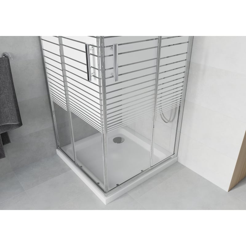 Mexen Rio kabina prysznicowa kwadratowa 90 x 90 cm, białe pasy, chrom + brodzik Flat, biały - 860-090-090-01-20-4010