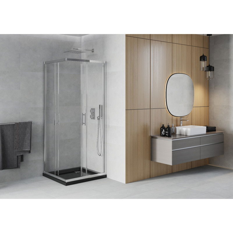 Mexen Rio kabina prysznicowa kwadratowa 90 x 90 cm, transparent, chrom + brodzik Flat, czarny - 860-090-090-01-00-4070