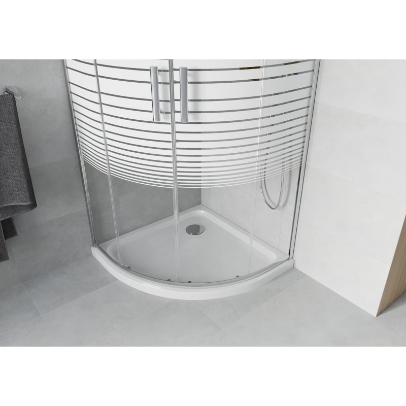 Mexen Rio kabina prysznicowa półokrągła 90 x 90 cm, białe pasy, chrom + brodzik Flat, biały - 863-090-090-01-20-4110
