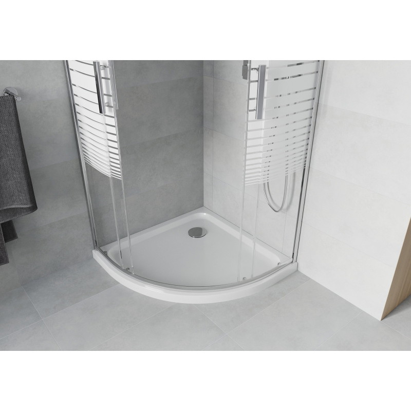 Mexen Rio kabina prysznicowa półokrągła 90 x 90 cm, białe pasy, chrom + brodzik Flat, biały - 863-090-090-01-20-4110