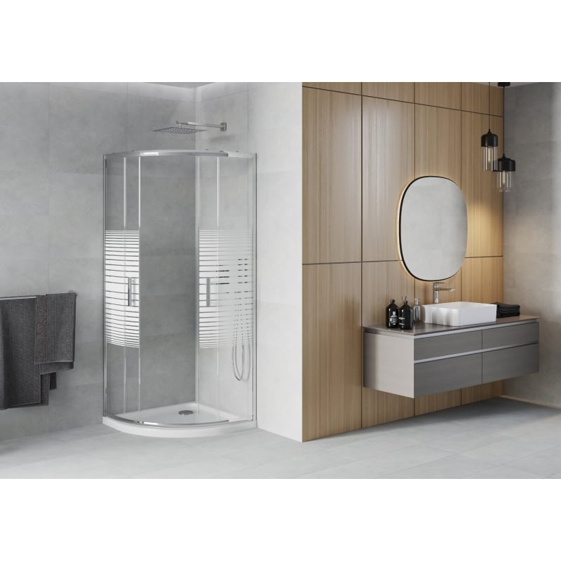Mexen Rio kabina prysznicowa półokrągła 90 x 90 cm, białe pasy, chrom + brodzik Flat, biały - 863-090-090-01-20-4110