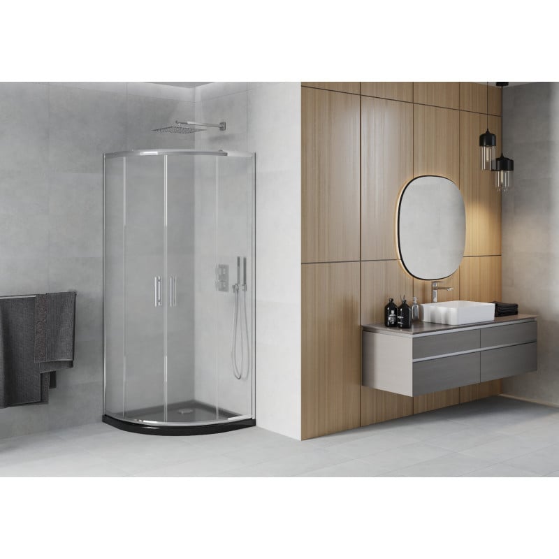 Mexen Rio kabina prysznicowa półokrągła 80 x 80 cm, szron, chrom + brodzik Flat, czarny - 863-080-080-01-30-4170