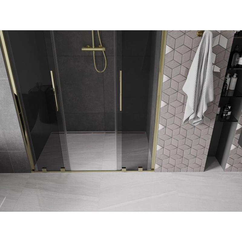 Mexen Velar L Duo drzwi prysznicowe rozsuwane 140 cm, grafit, złote - 871-140-003-42-50