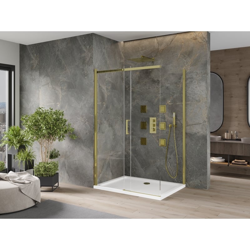 Mexen Omega kabina prysznicowa rozsuwana 130 x 100 cm, transparent, złota + brodzik Flat - 825-130-100-50-00-4010