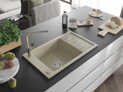 Mexen Elias zlewozmywak granitowy 1-komorowy z ociekaczem i baterią kuchenną Flora, beżowy - 6511-69-670401-09