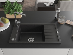 Mexen Elias zlewozmywak granitowy 1-komorowy z ociekaczem i baterią kuchenną Flora, czarny/srebrny metalik - 6511-73-670401-00