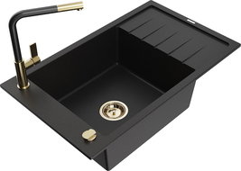 Mexen Elias zlewozmywak granitowy 1-komorowy z ociekaczem i baterią kuchenną Flora, czarny - 6511-77-670401-57-G
