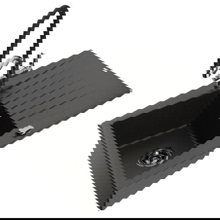 Mexen Cesar zlewozmywak granitowy 1-komorowy z ociekaczem i baterią kuchenną Duo, czarny/złoty metalik - 6514-75-671701-07-B