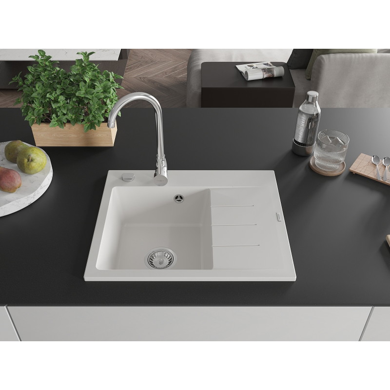 Mexen Ben zlewozmywak granitowy 1-komorowy z ociekaczem, lewy 600 x 500 mm, biały, syfon chrom - 6522605000-20