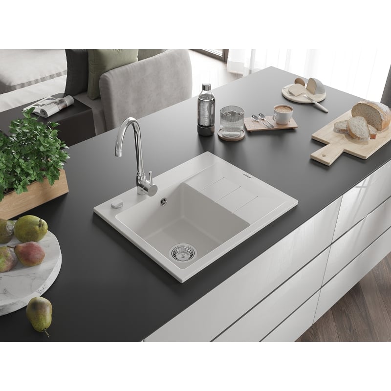 Mexen Ben zlewozmywak granitowy 1-komorowy z ociekaczem, lewy 600 x 500 mm, biały, syfon chrom - 6522605000-20