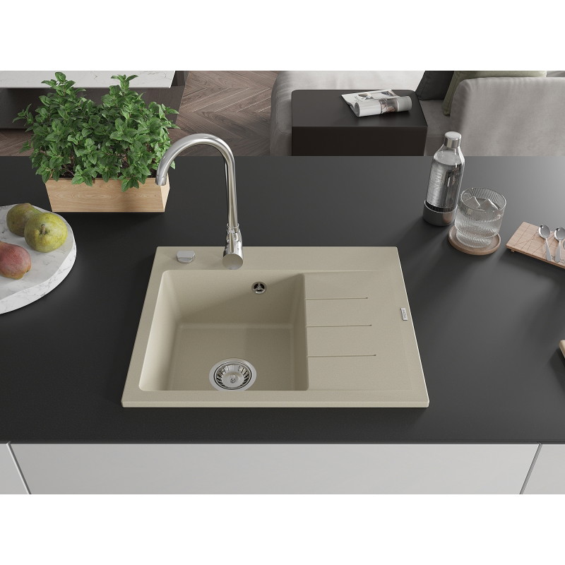 Mexen Ben zlewozmywak granitowy 1-komorowy z ociekaczem, lewy 600 x 500 mm, beżowy, syfon chrom - 6522605000-69
