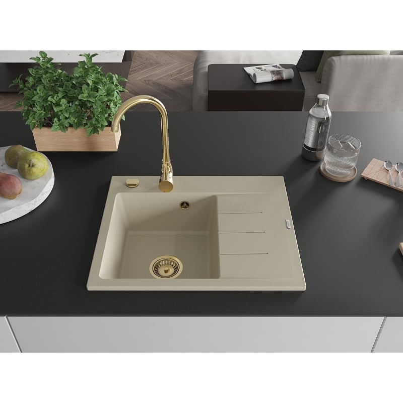 Mexen Ben zlewozmywak granitowy 1-komorowy z ociekaczem, lewy 600 x 500 mm, beżowy, syfon złoty - 6522605000-69-G