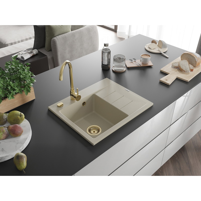 Mexen Ben zlewozmywak granitowy 1-komorowy z ociekaczem, lewy 600 x 500 mm, beżowy, syfon złoty - 6522605000-69-G