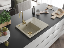 Mexen Ben zlewozmywak granitowy 1-komorowy z ociekaczem, lewy 600 x 500 mm, beżowy, syfon złoty - 6522605000-69-G