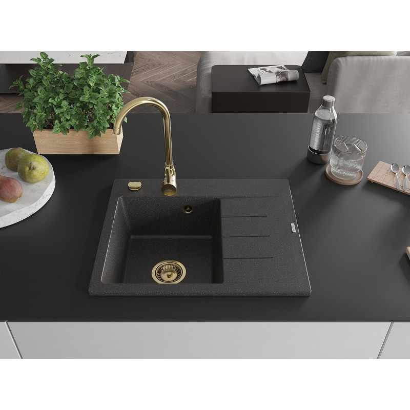 Mexen Ben zlewozmywak granitowy 1-komorowy z ociekaczem, lewy 600 x 500 mm, czarny nakrapiany, syfon złoty - 6522605000-76-G