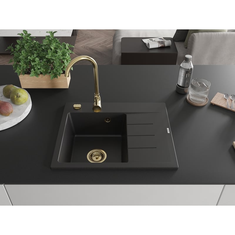 Mexen Ben zlewozmywak granitowy 1-komorowy z ociekaczem, lewy 600 x 500 mm, czarny, syfon złoty - 6522605000-77-G