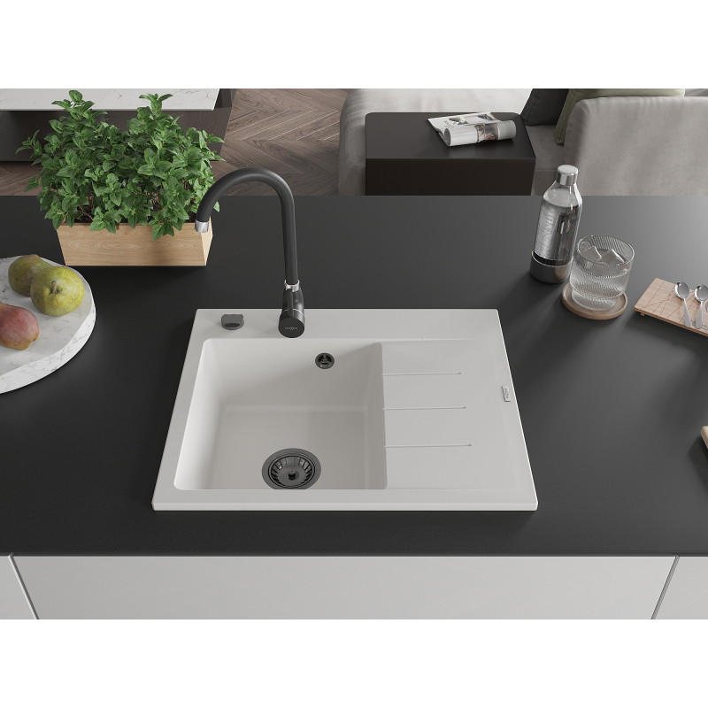 Mexen Ben zlewozmywak granitowy 1-komorowy z ociekaczem, lewy 600 x 500 mm, biały, syfon czarny - 6522605000-20-B