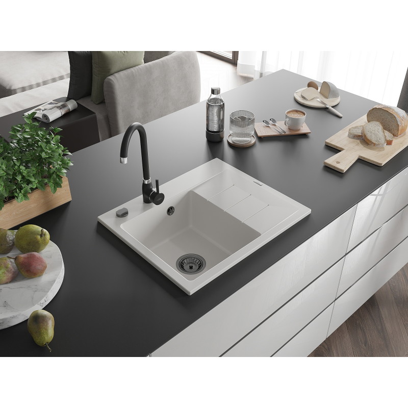 Mexen Ben zlewozmywak granitowy 1-komorowy z ociekaczem, lewy 600 x 500 mm, biały, syfon czarny - 6522605000-20-B
