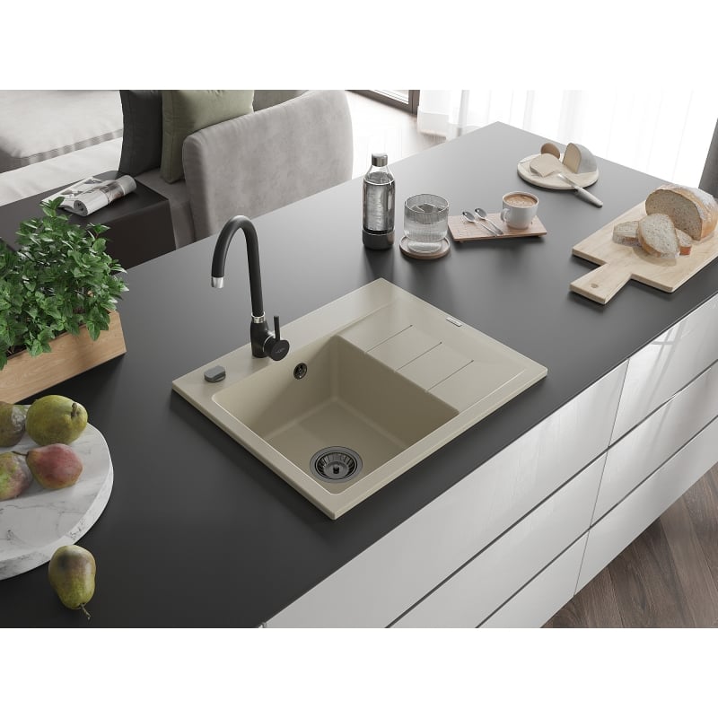 Mexen Ben zlewozmywak granitowy 1-komorowy z ociekaczem, lewy 600 x 500 mm, beżowy, syfon czarny - 6522605000-69-B