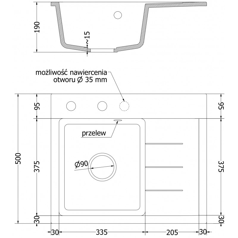 Mexen Ben zlewozmywak granitowy 1-komorowy z ociekaczem, lewy 600 x 500 mm, czarny nakrapiany, syfon czarny - 6522605000-76-B