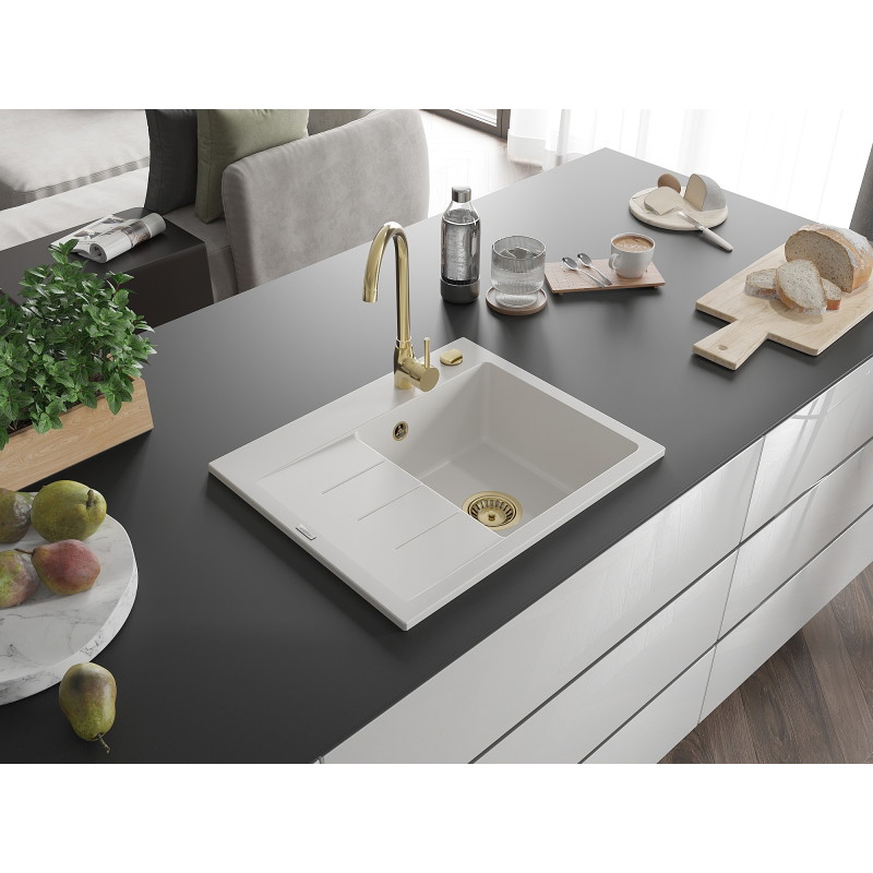Mexen Ben zlewozmywak granitowy 1-komorowy z ociekaczem, prawy 600 x 500 mm, biały, syfon złoty - 6523605000-20-G