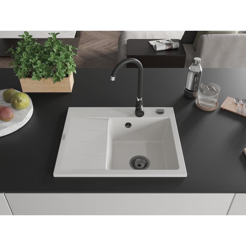 Mexen Ben zlewozmywak granitowy 1-komorowy z ociekaczem, prawy 600 x 500 mm, biały, syfon czarny - 6523605000-20-B