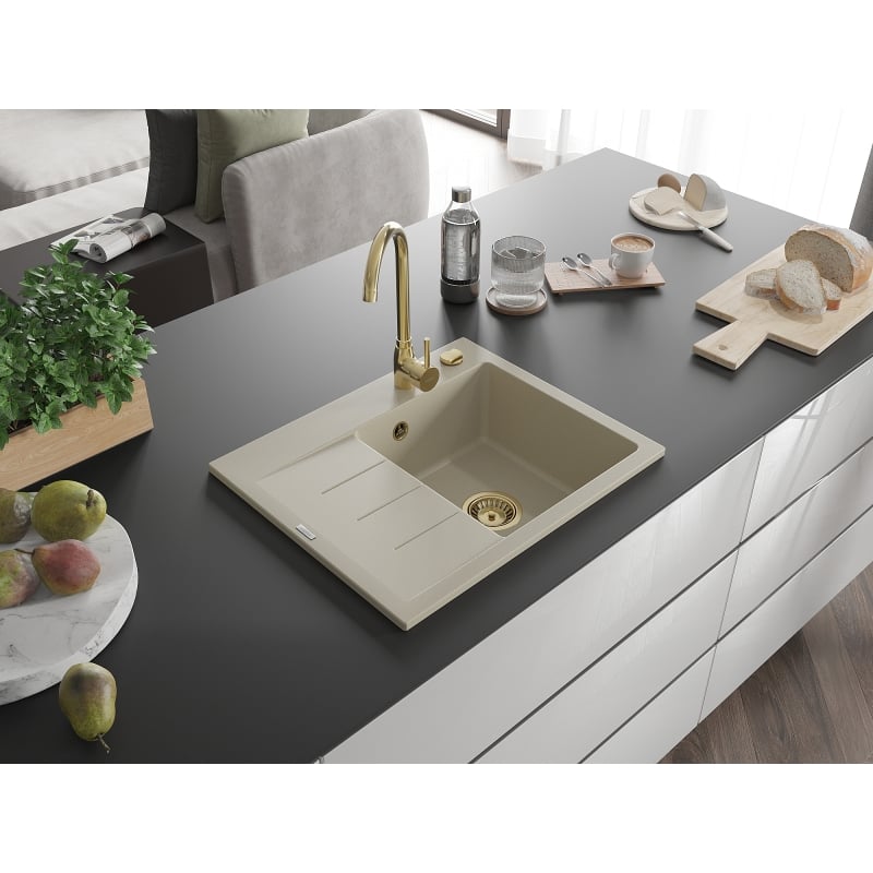 Mexen Ben zlewozmywak granitowy 1-komorowy z ociekaczem, prawy 600 x 500 mm, beżowy, syfon złoty - 6523605000-69-G