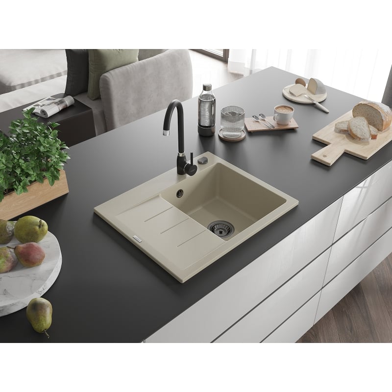 Mexen Ben zlewozmywak granitowy 1-komorowy z ociekaczem, prawy 600 x 500 mm, beżowy, syfon czarny - 6523605000-69-B