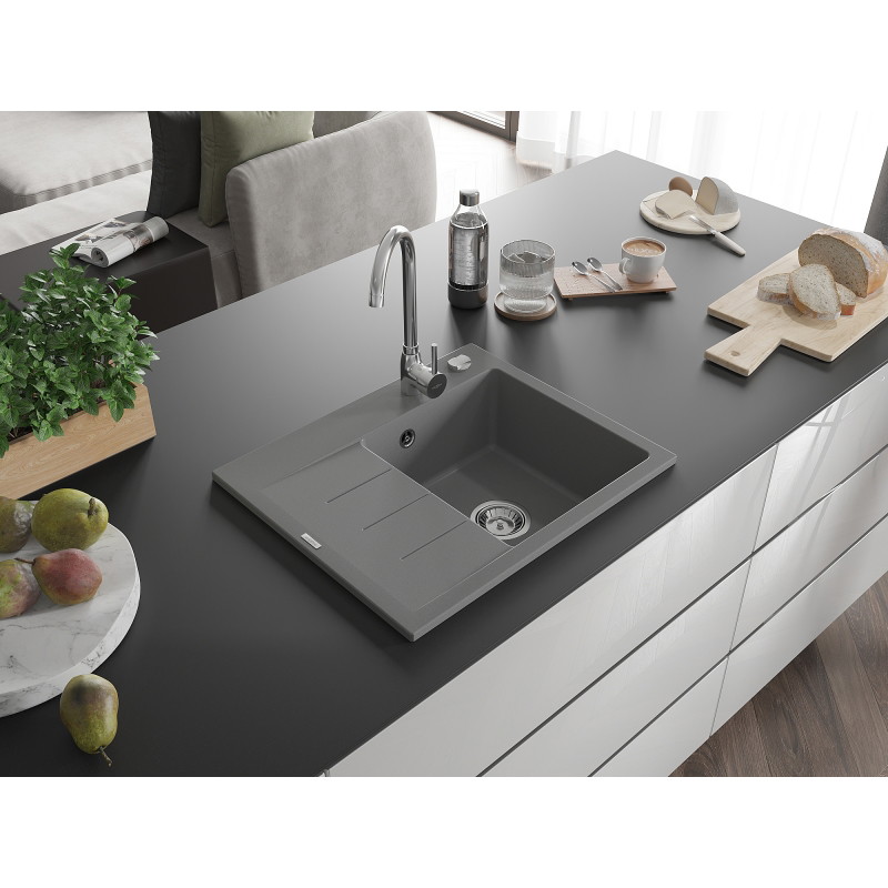 Mexen Ben zlewozmywak granitowy 1-komorowy z ociekaczem, prawy 600 x 500 mm, szary, syfon chrom - 6523605000-71