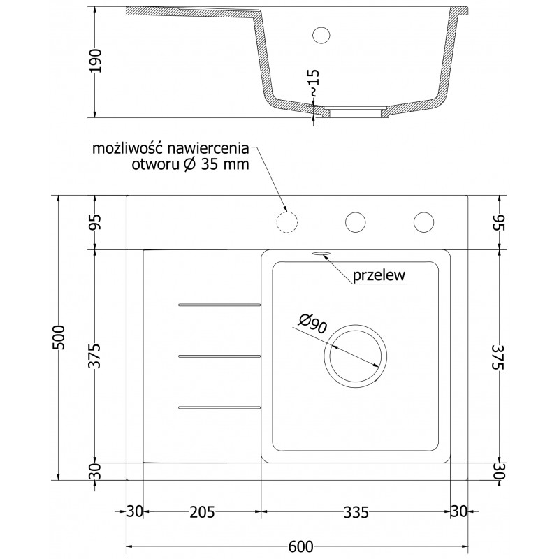 Mexen Ben zlewozmywak granitowy 1-komorowy z ociekaczem, prawy 600 x 500 mm, szary, syfon chrom - 6523605000-71